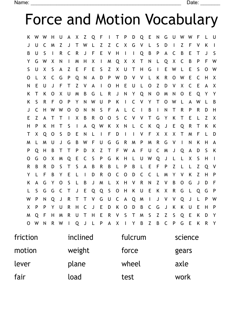 Force and Motion Vocabulary Word Search