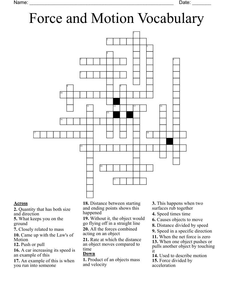 Force and Motion Vocabulary Crossword