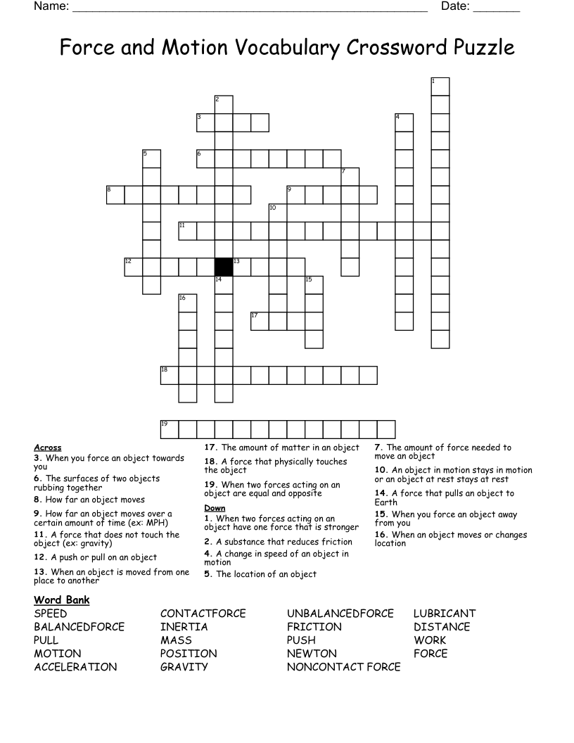 Force and Motion Vocabulary Crossword Puzzle