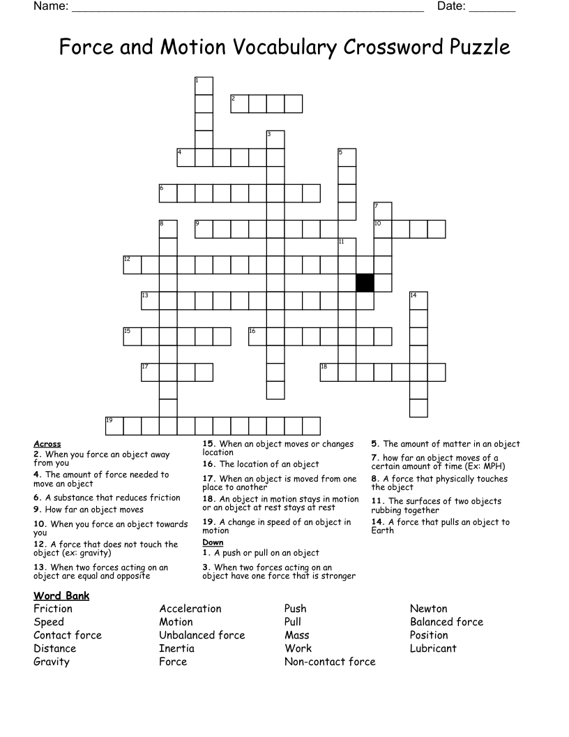 Force and Motion Vocabulary Crossword Puzzle