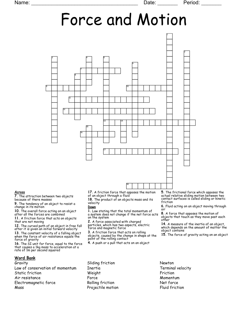Force and Motion  Crossword