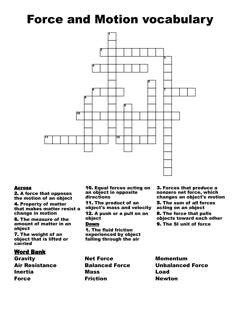 Force and Motion vocabulary  Crossword