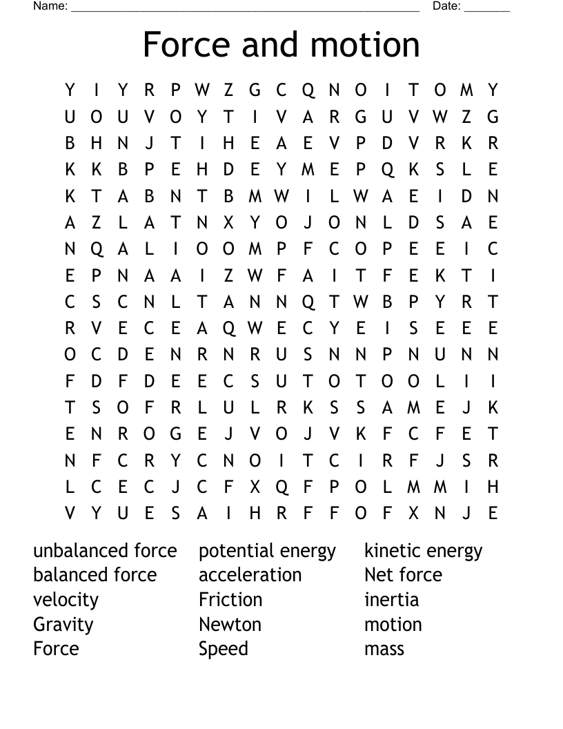 Force and motion  Word Search