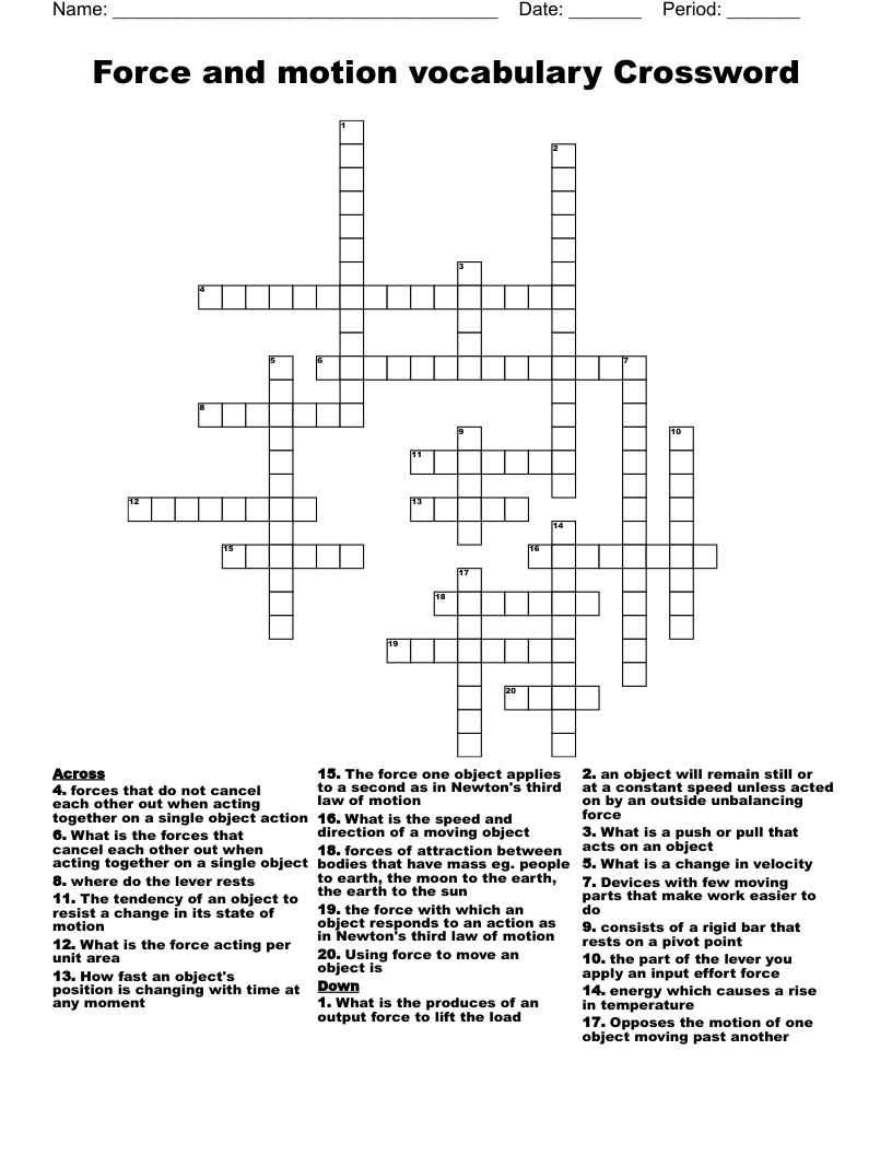 Force and motion vocabulary Crossword
