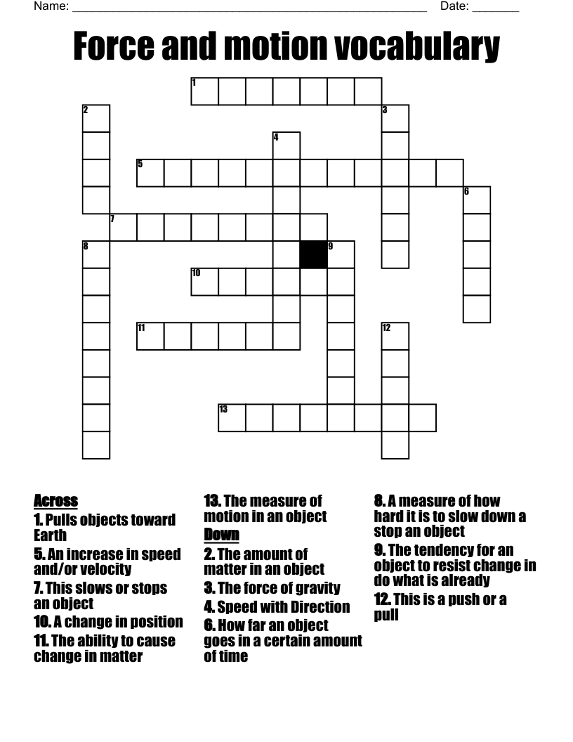 Force and motion vocabulary  Crossword