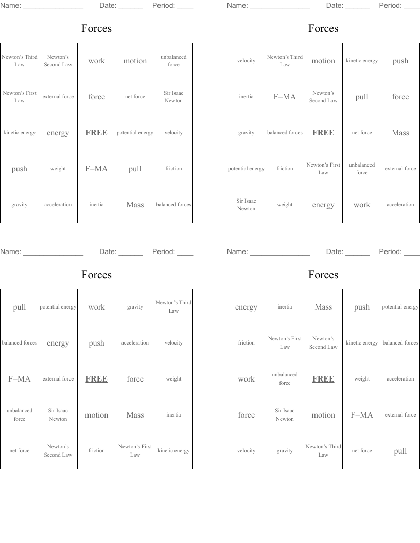 Forces Bingo Cards
