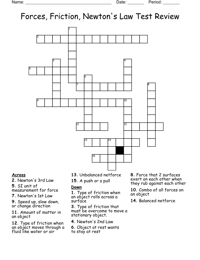 Forces, Friction, Newton's Law Test Review Crossword