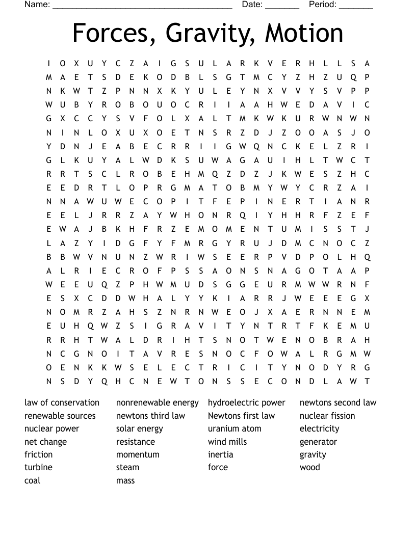 Forces, Gravity, Motion Word Search