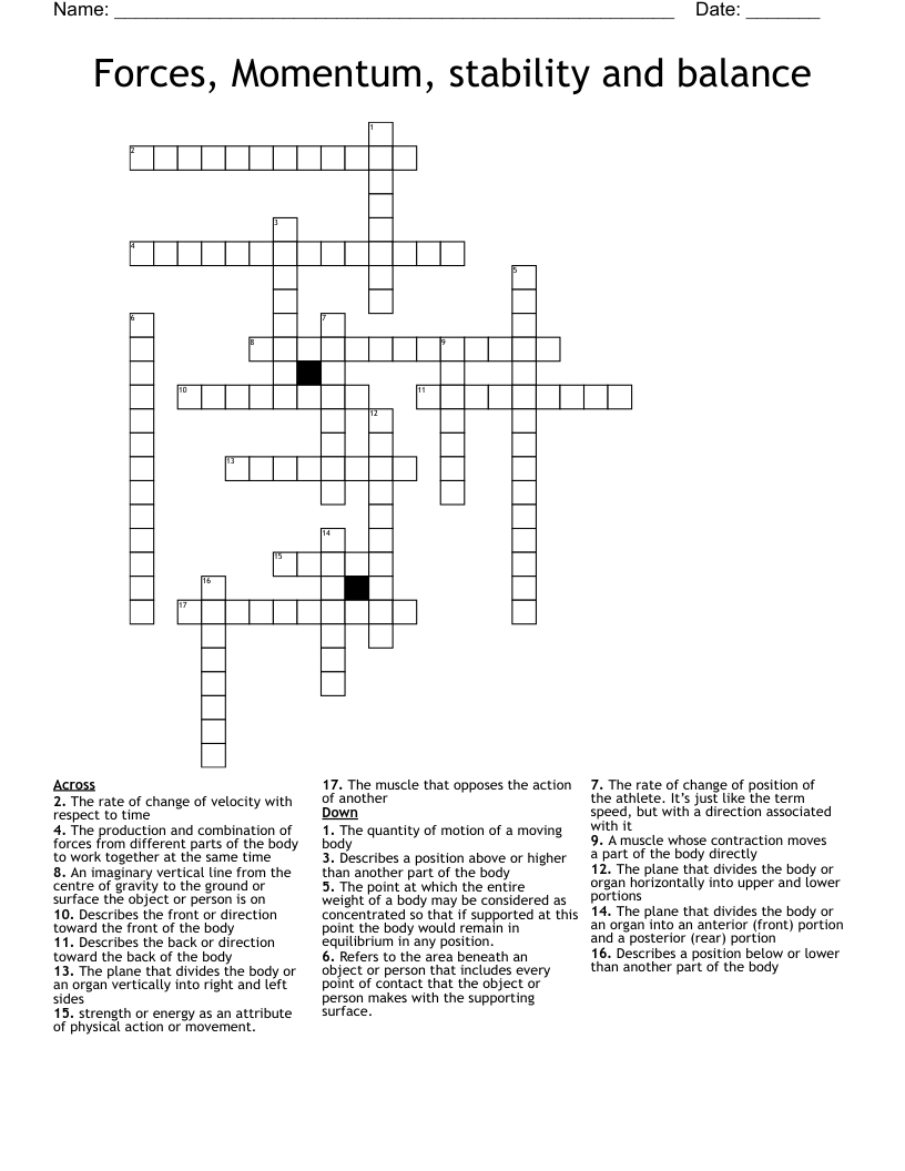 Forces, Momentum, stability and balance Crossword