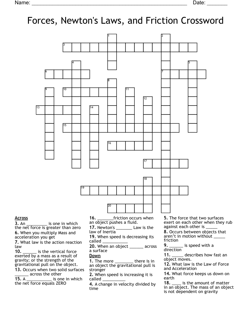 Forces, Newton's Laws, and Friction Crossword 