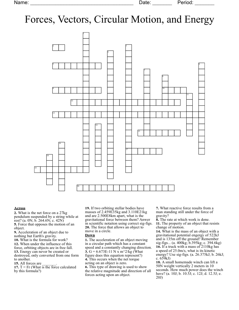 Forces, Vectors, Circular Motion, and Energy Crossword
