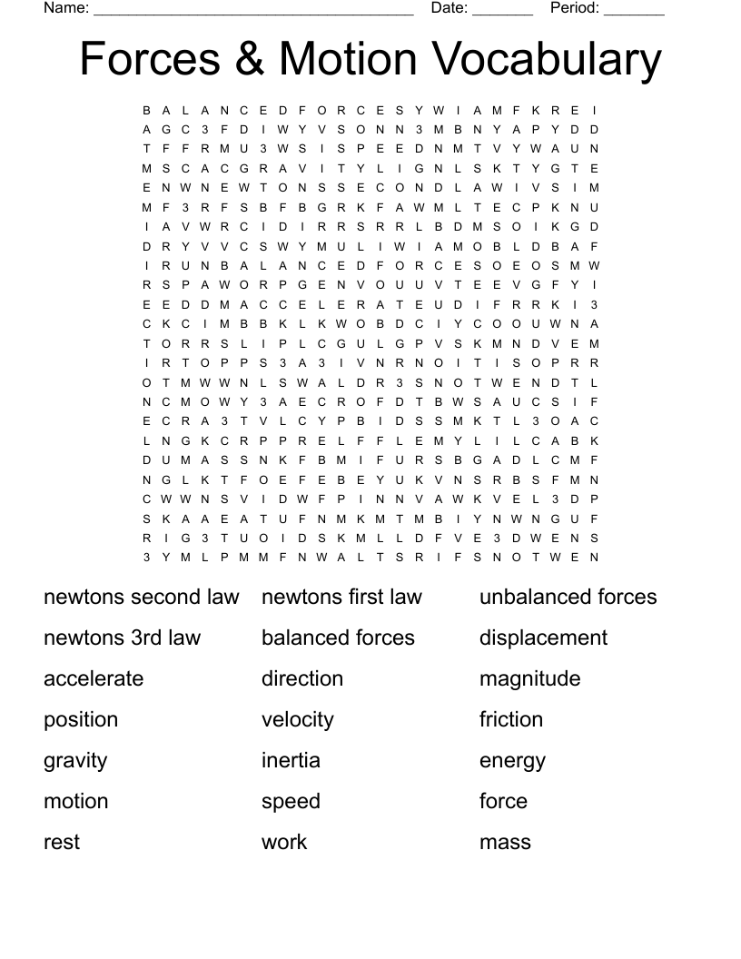 Forces & Motion Vocabulary Word Search