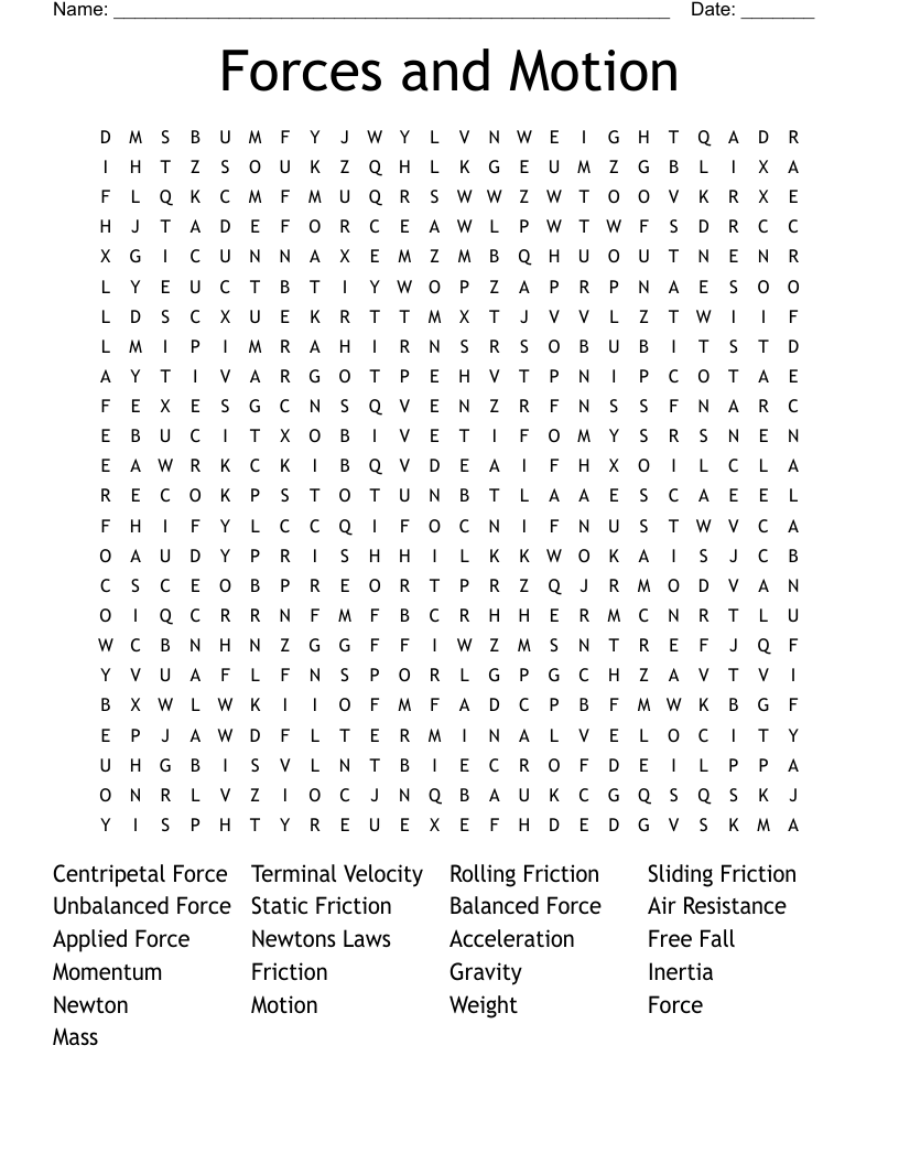 Forces and Motion Word Search