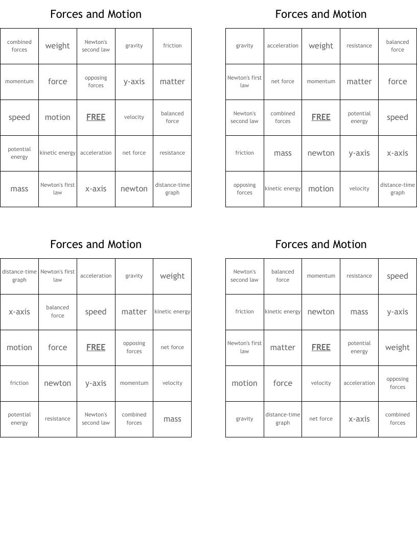 Forces and Motion Bingo Cards