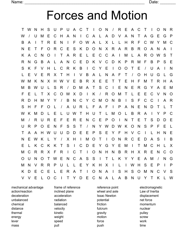 Forces and Motion Word Search
