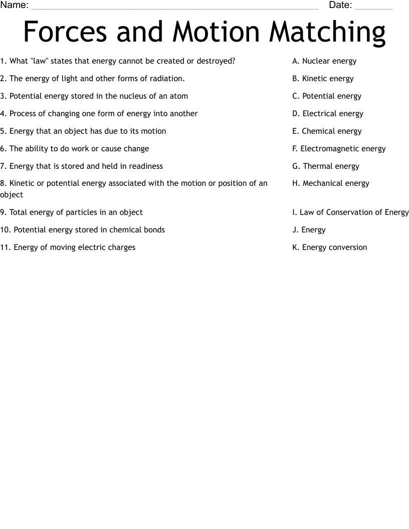 Forces and Motion Matching Worksheet