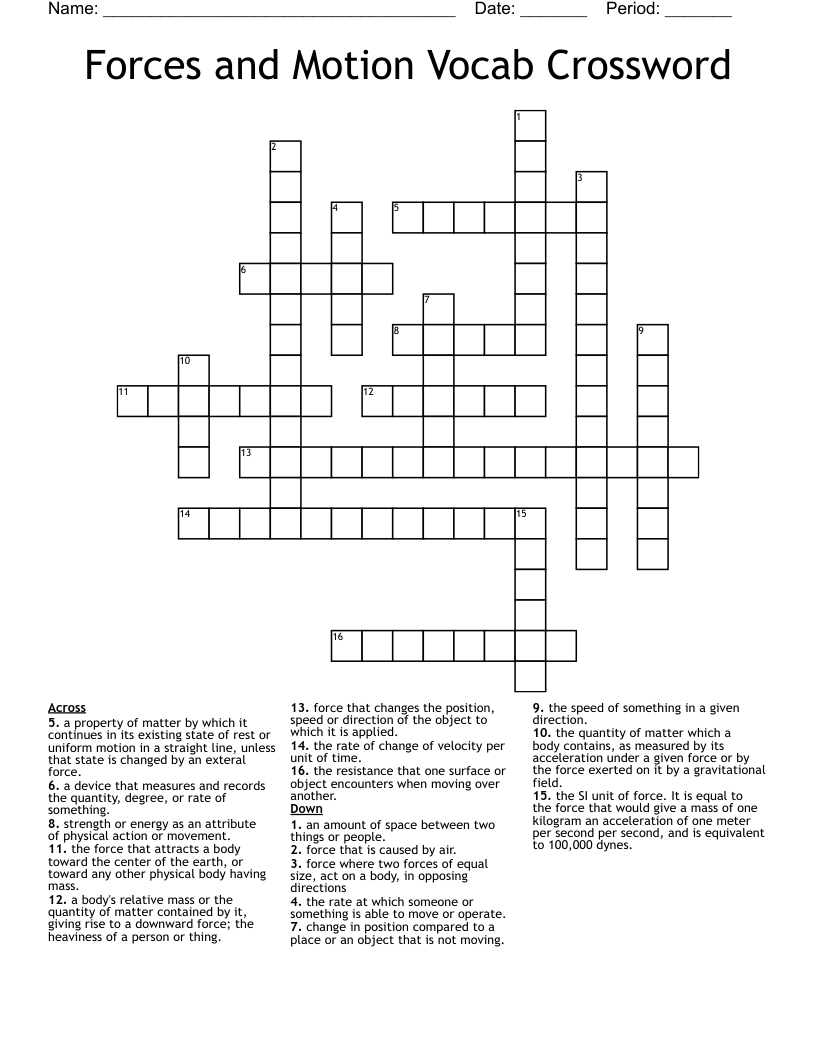 Forces and Motion Vocab Crossword