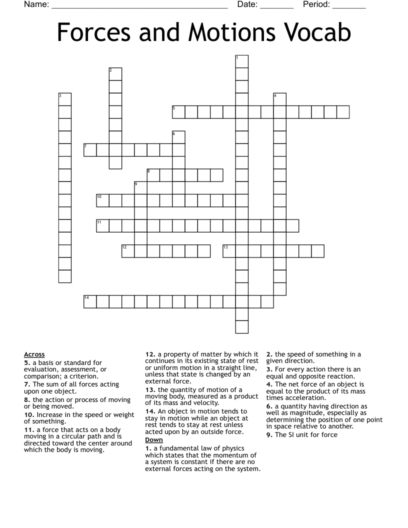 Forces and Motions Vocab Crossword