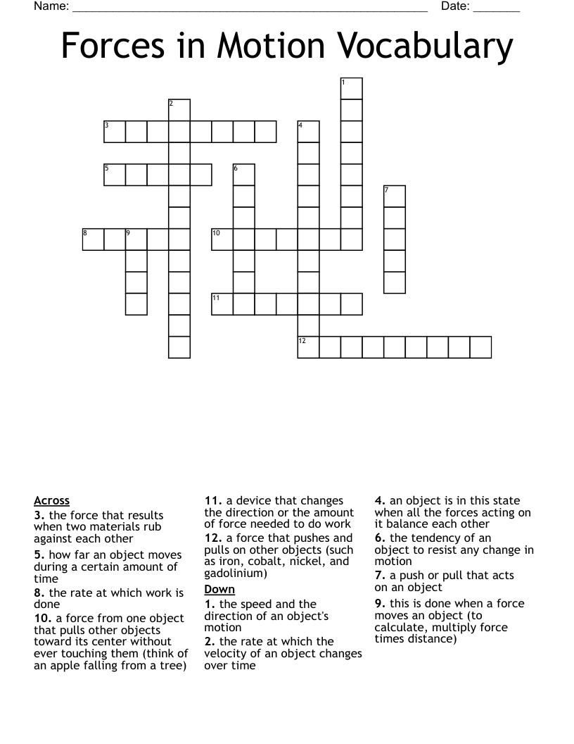 Forces in Motion Vocabulary Crossword