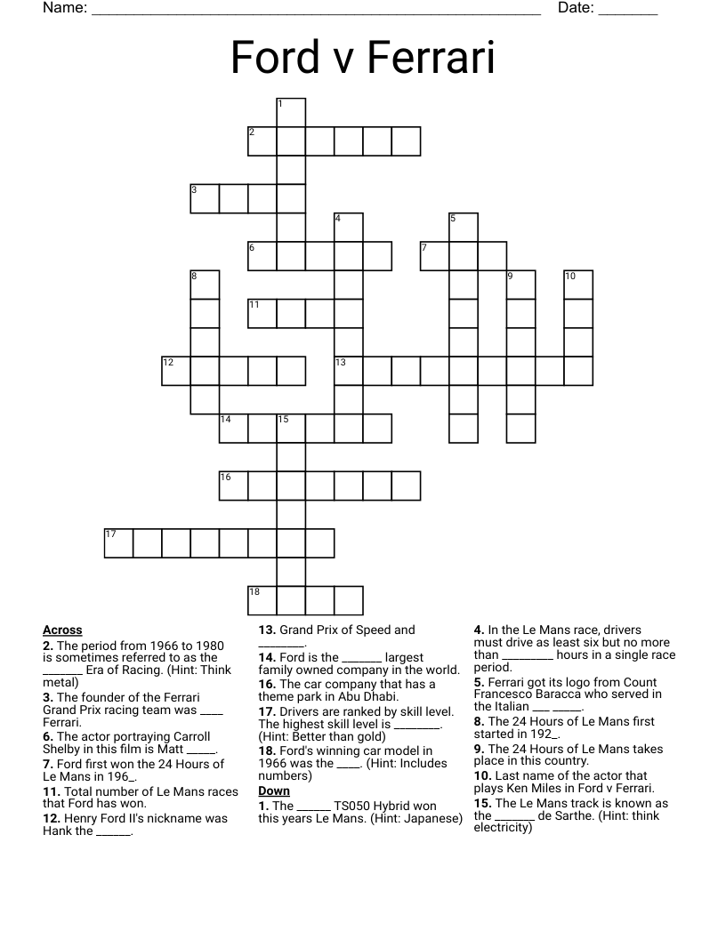Ford v Ferrari Crossword
