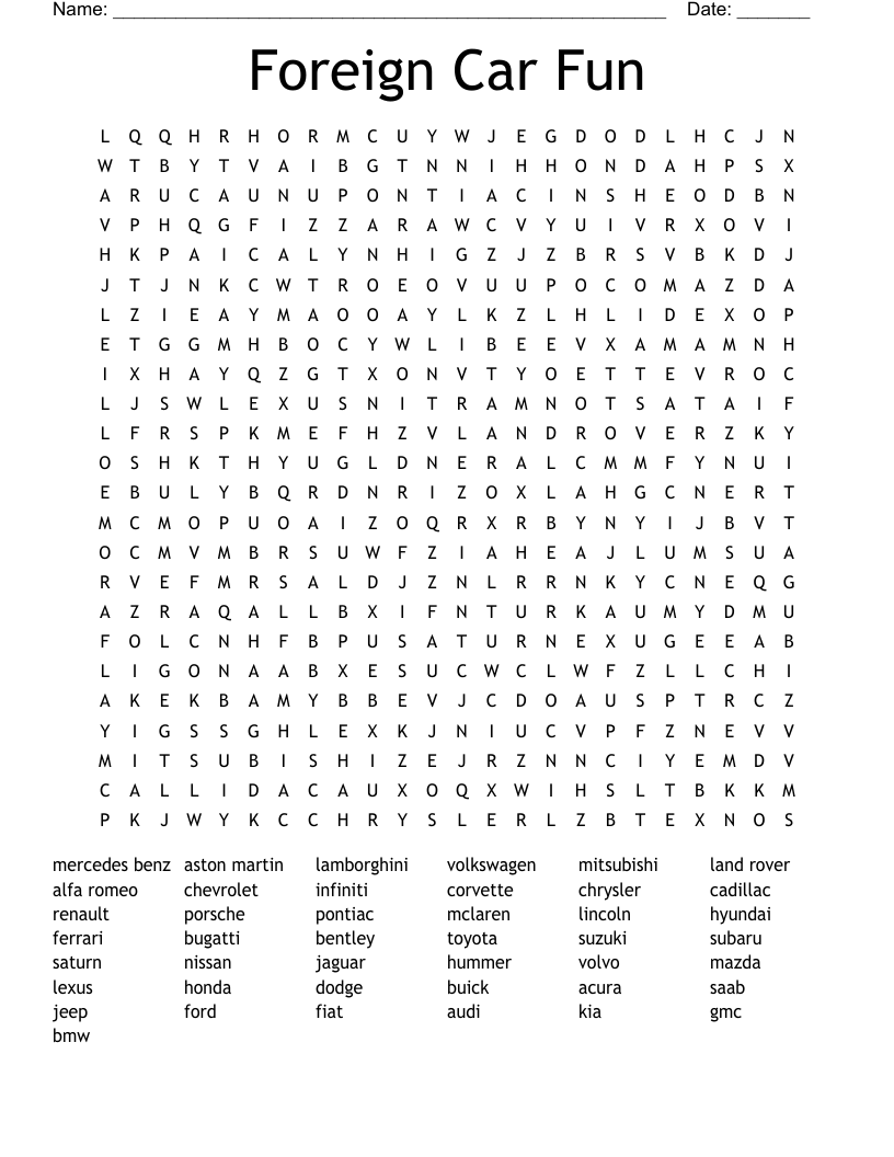 Foreign Car Fun Word Search