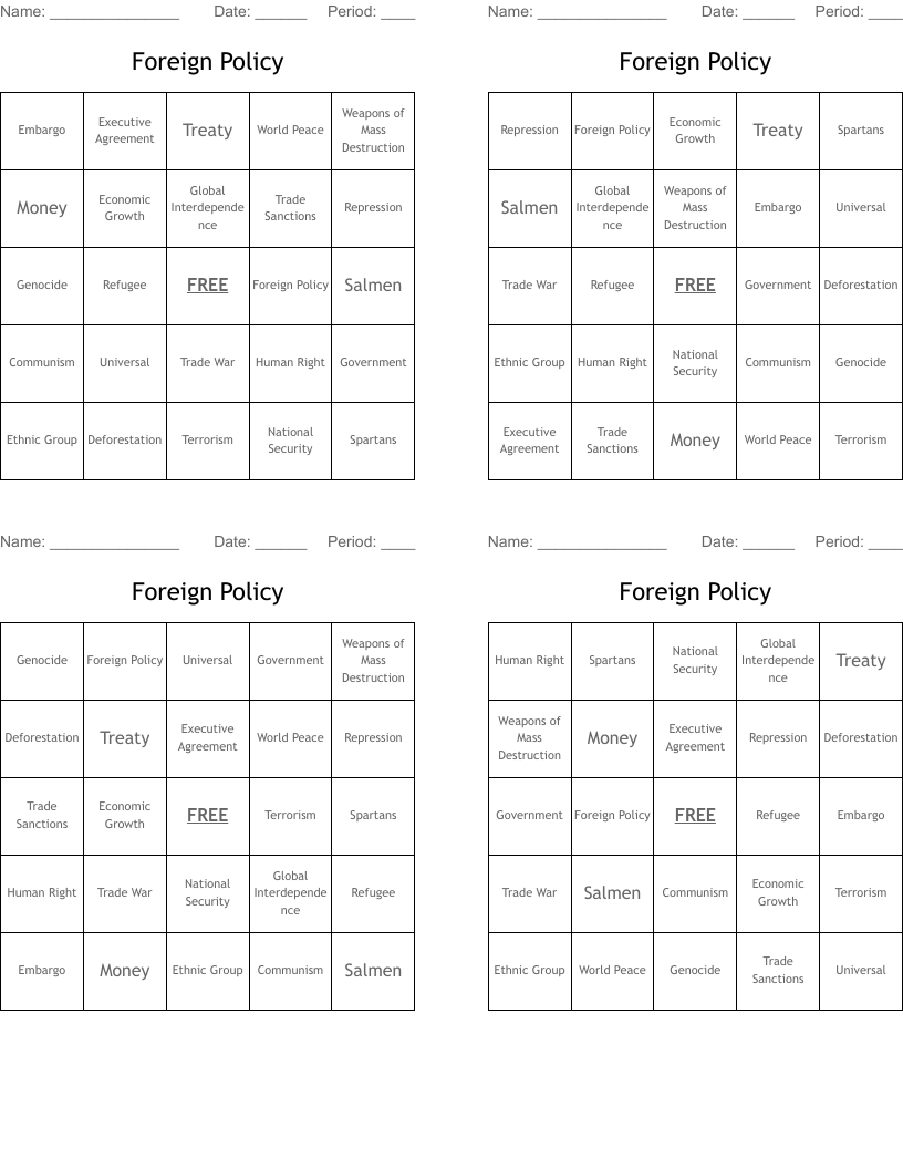 Foreign Policy Bingo Cards