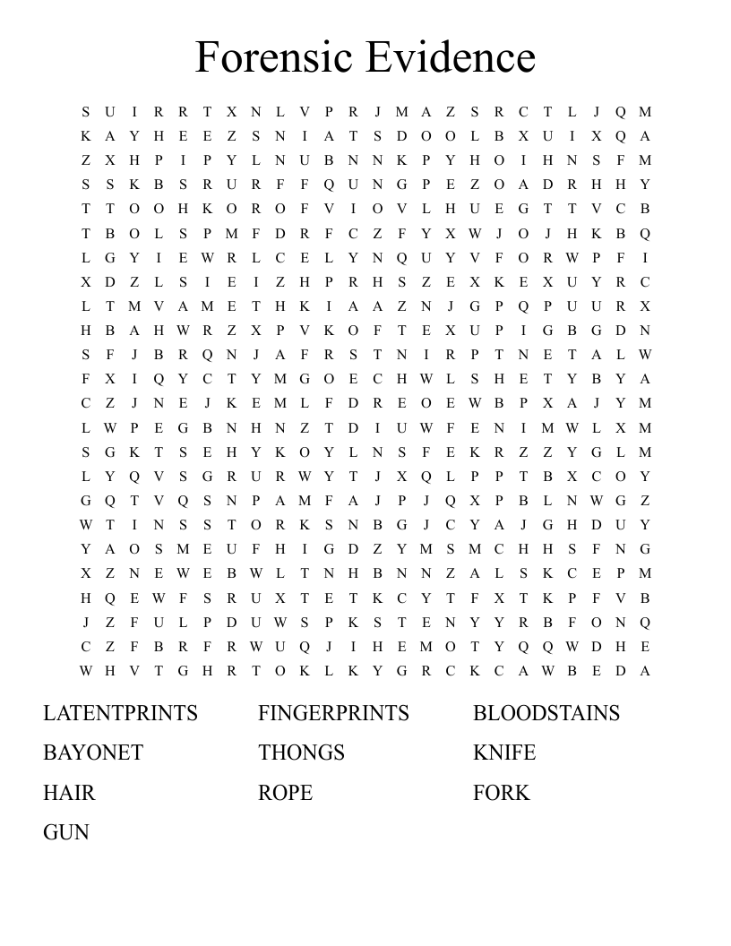 Forensic Evidence  Word Search