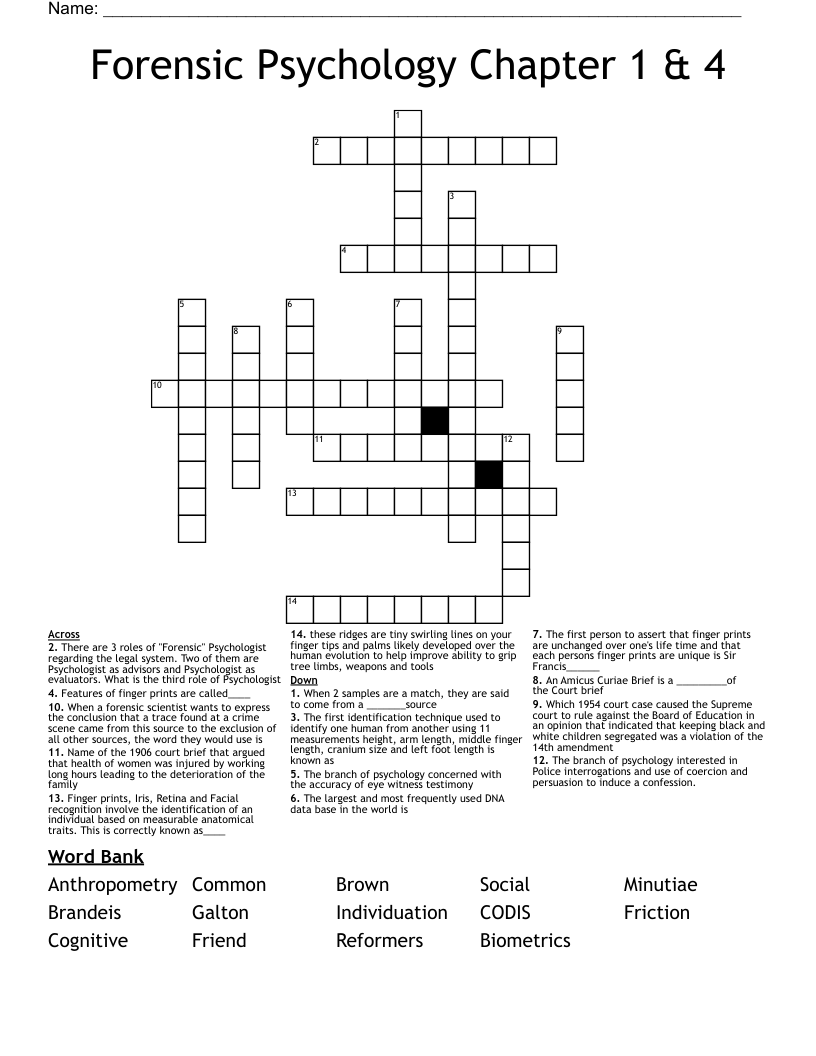 Forensic Psychology Chapter  1 & 4 Crossword