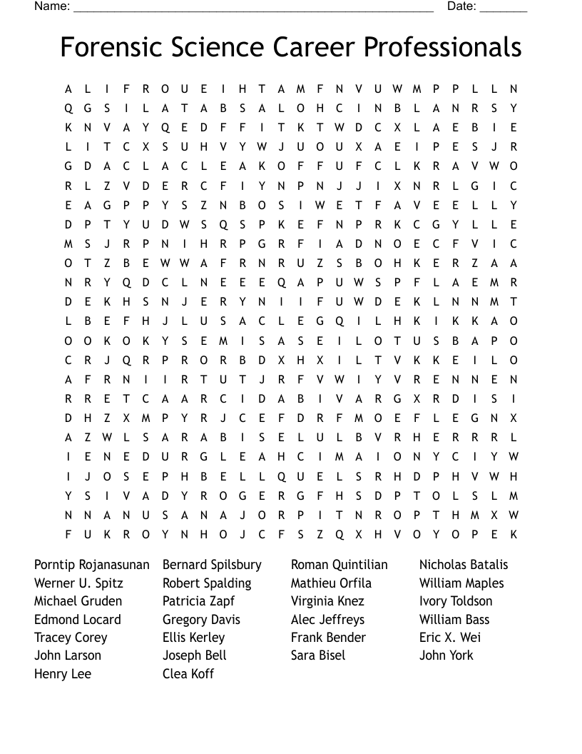 Forensic Science Career Professionals Word Search