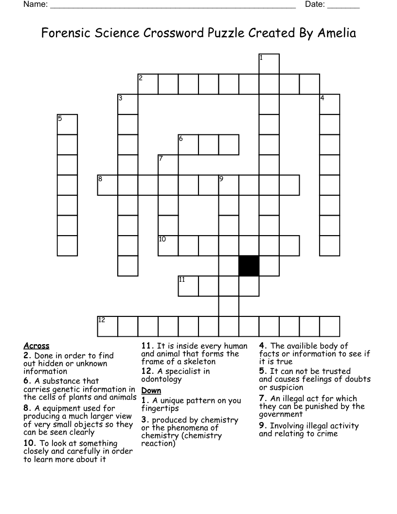 Forensic Science Crossword Puzzle Created By Amelia