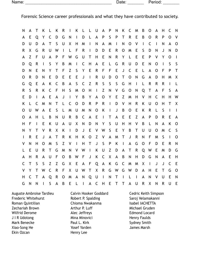 Forensic Science career professionals and what they have contributed to society.  Word Search