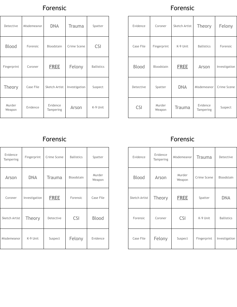 Forensic  Bingo Cards