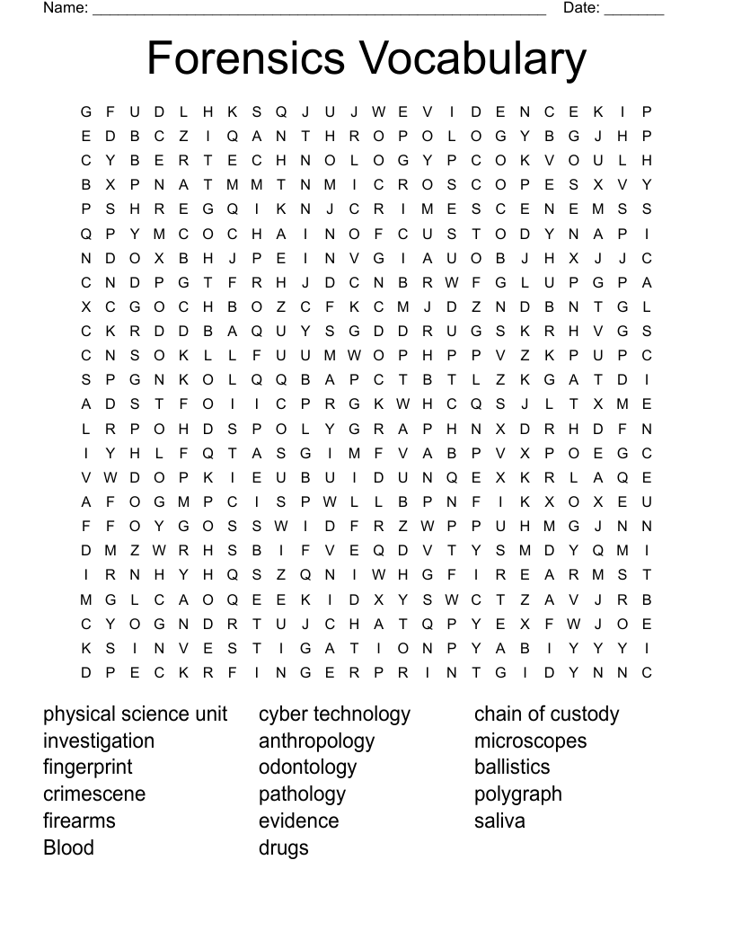 Forensics Vocabulary Word Search