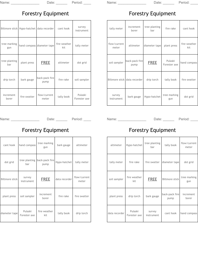 Forestry Equipment Bingo Cards