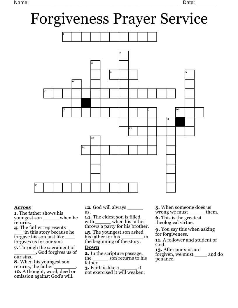 Forgiveness Prayer Service Crossword