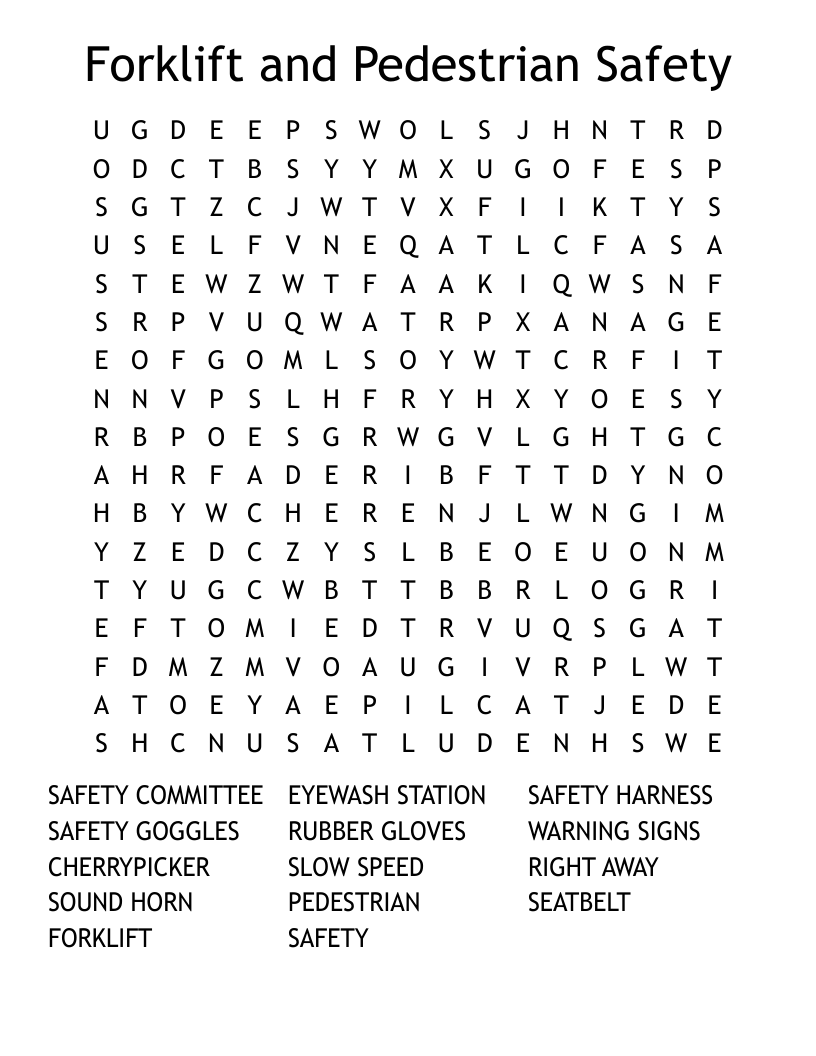 Forklift and Pedestrian Safety Word Search