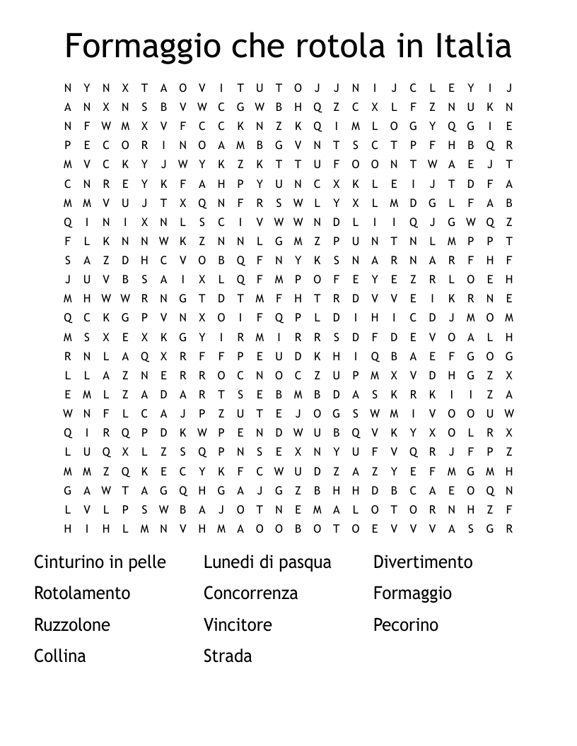 Formaggio che rotola in Italia  Word Search