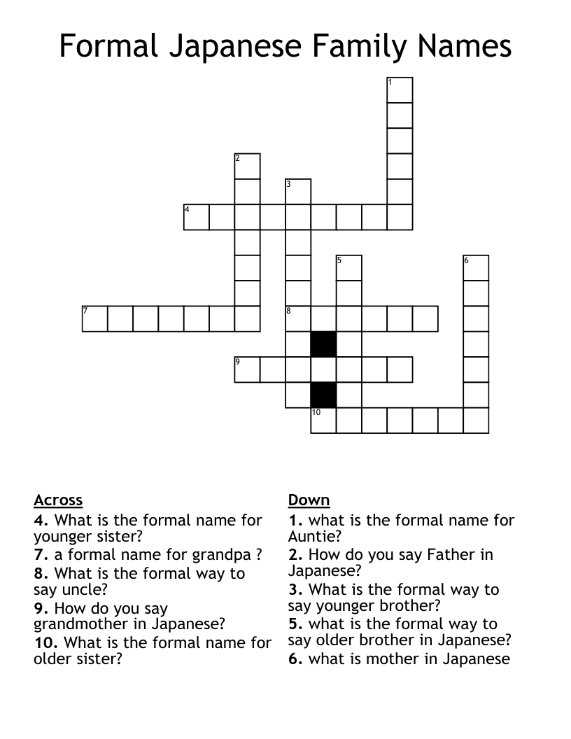 Formal Japanese Family Names Crossword