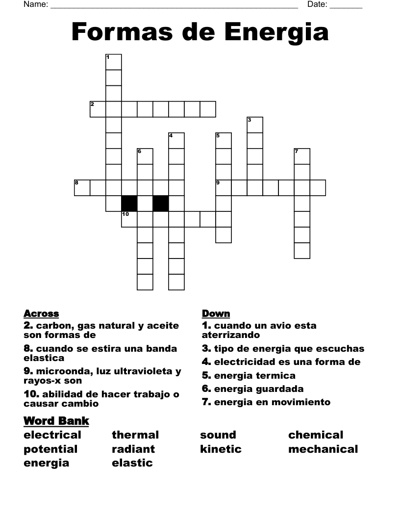 Formas de Energia Crossword