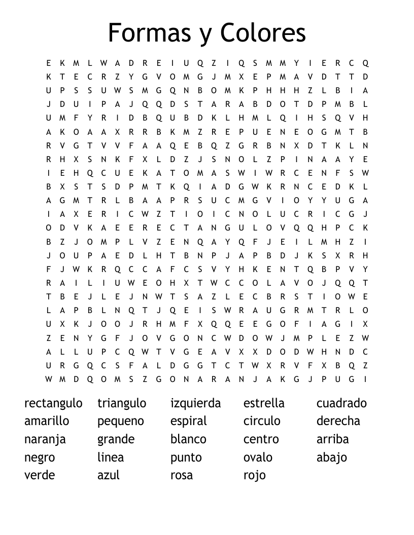 Formas y Colores Word Search