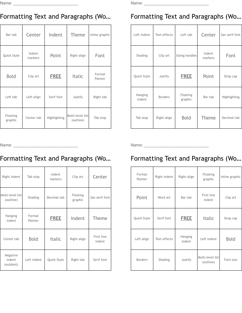 Formatting Text and Paragraphs (Word M3) Bingo Cards