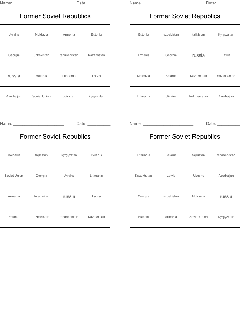 Former Soviet Republics  Bingo Cards