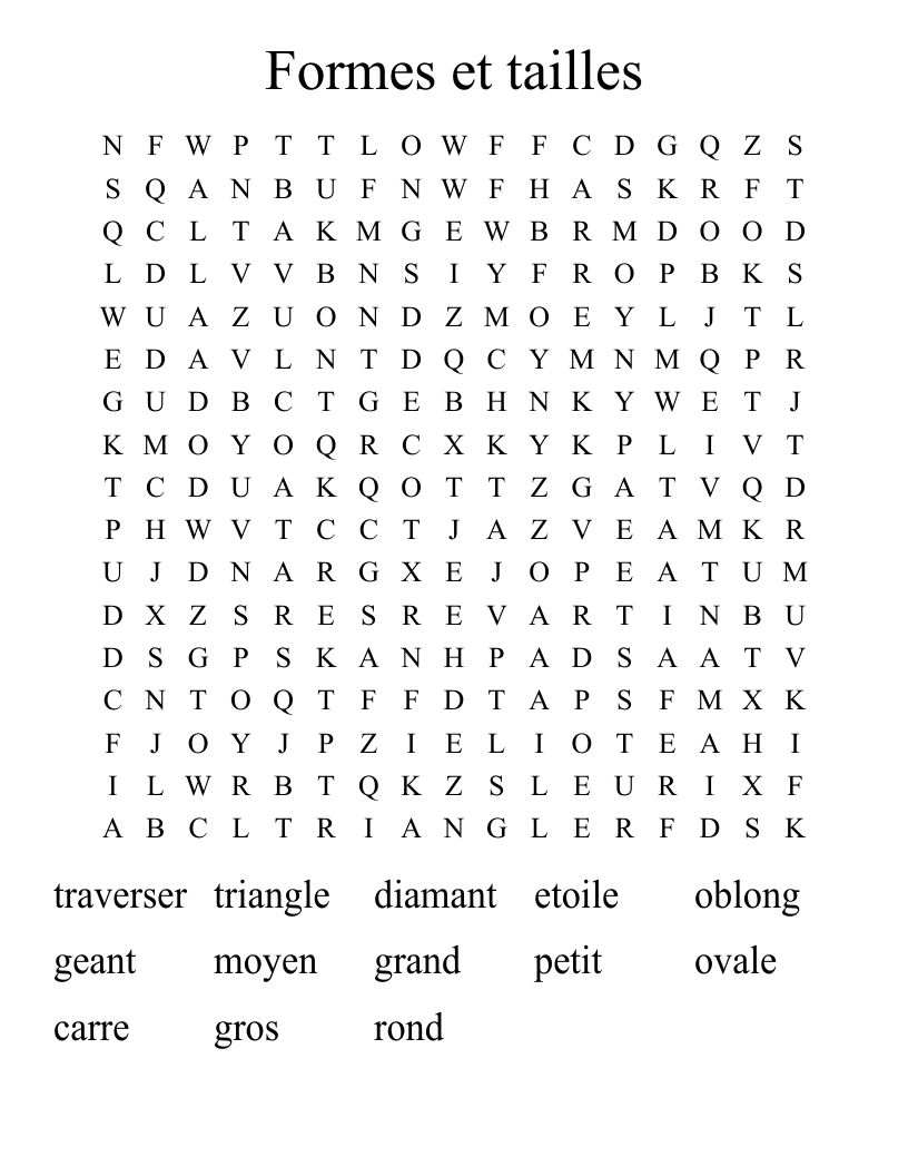 Formes et tailles Word Search