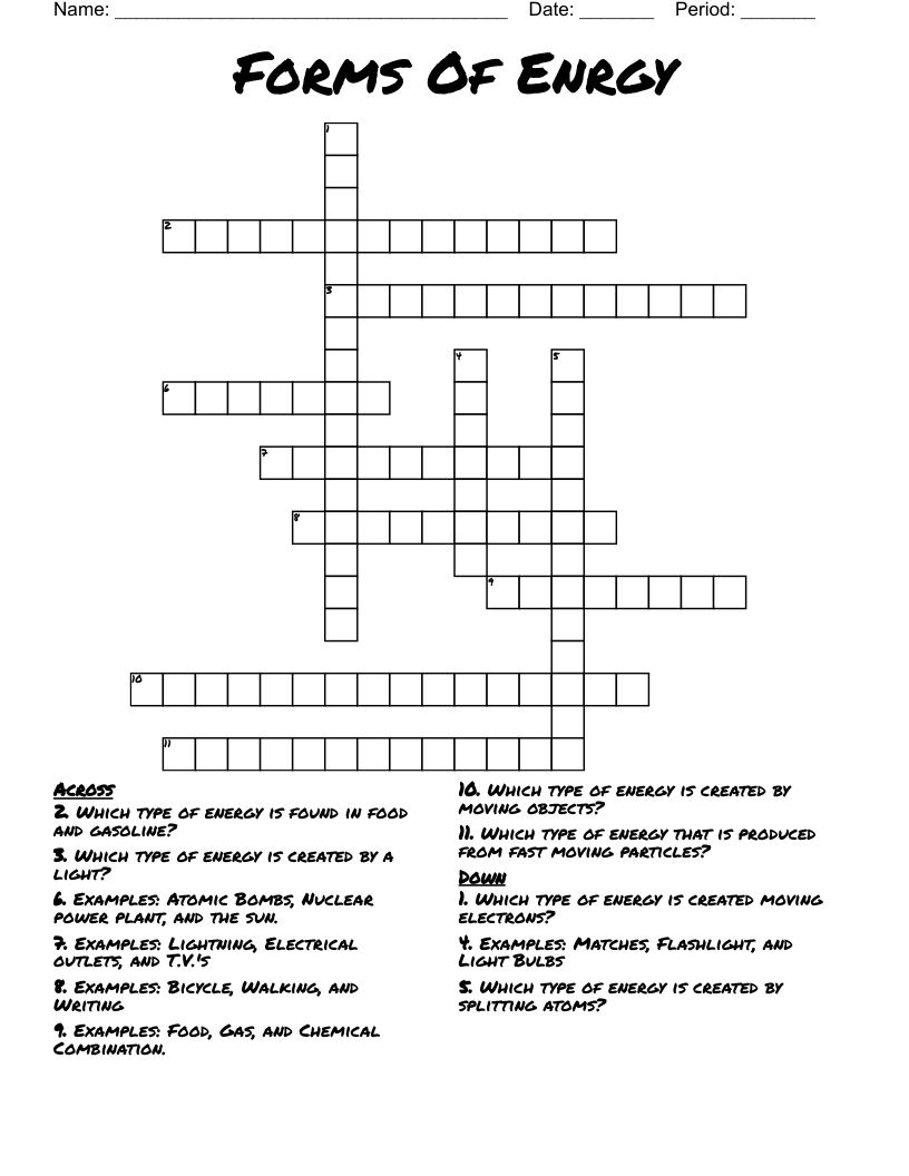 Forms Of Enrgy Crossword