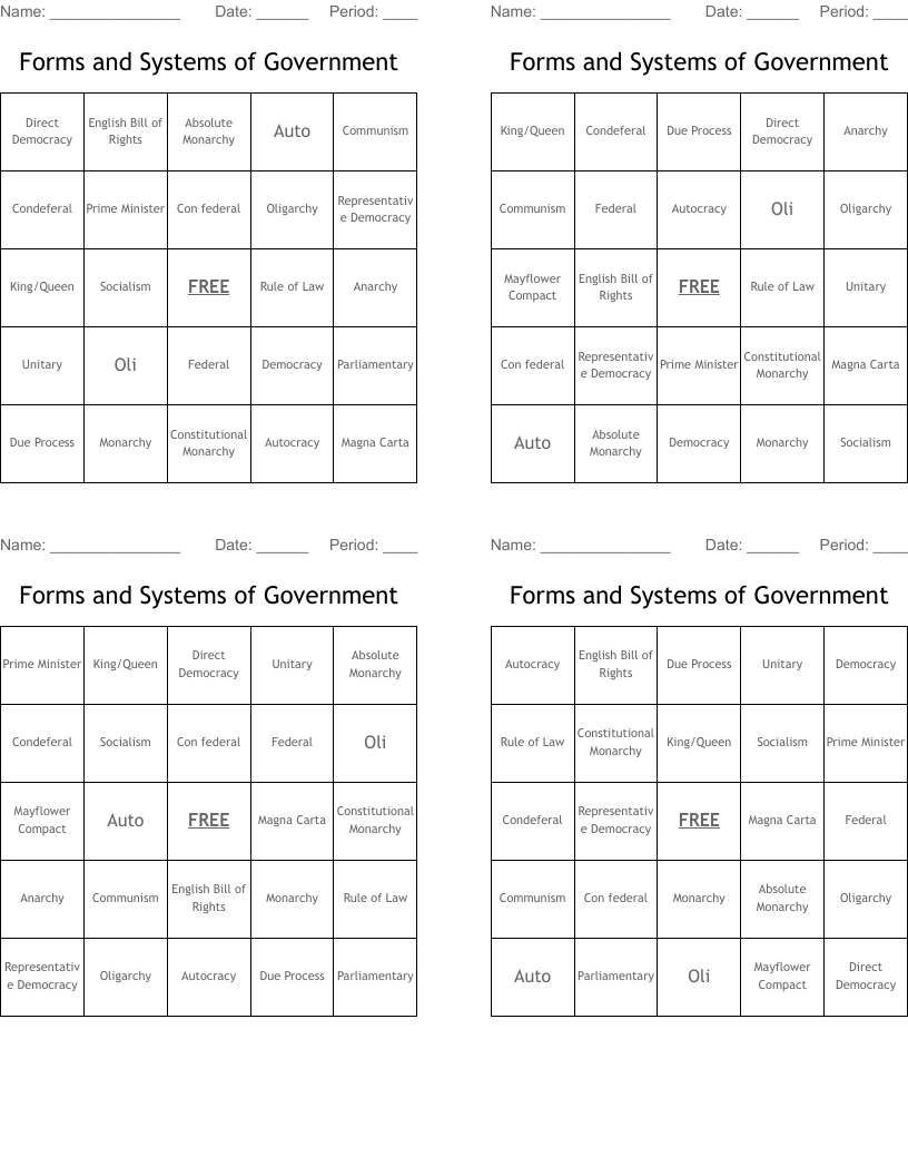 Forms and Systems of Government Bingo Cards