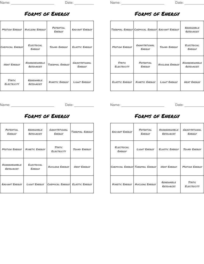 Forms of Energy Bingo Cards