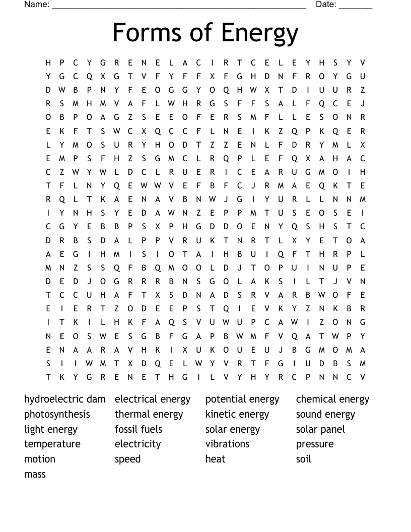 Forms of Energy Word Search