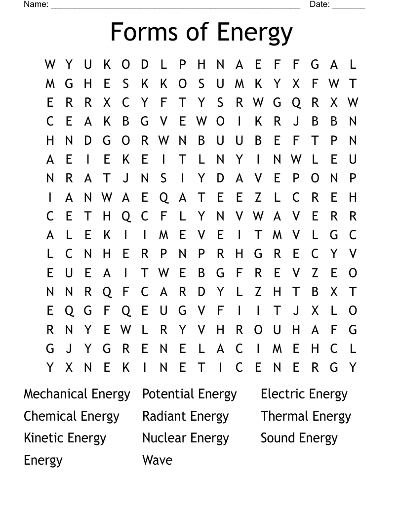 Forms of Energy Word Search