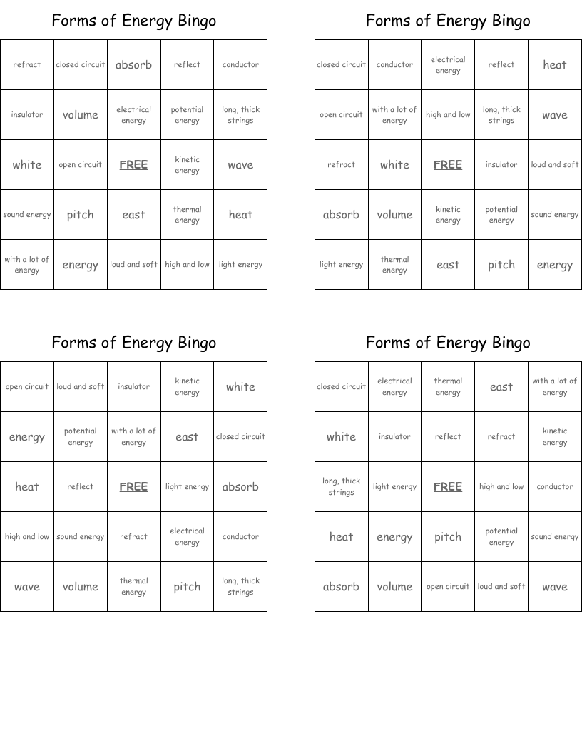 Forms of Energy Bingo