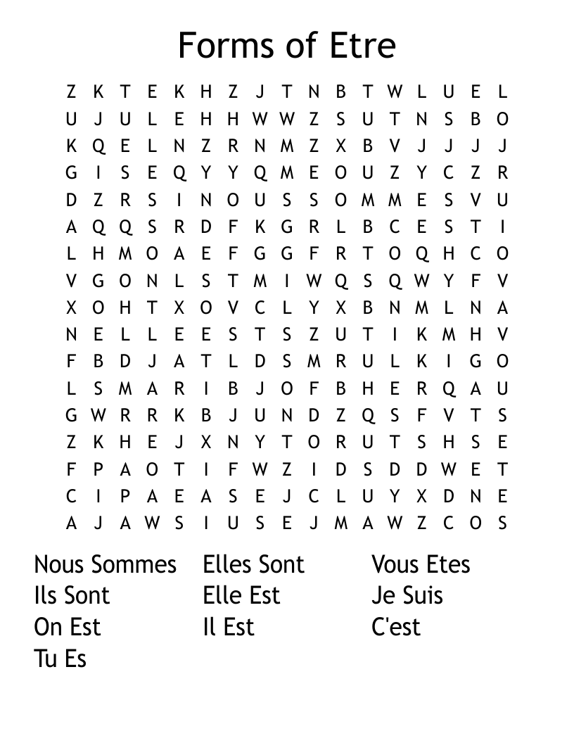 Forms of Etre Word Search